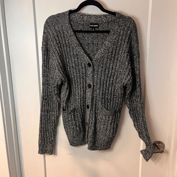 NEW Steve Madden Black Two-tone Button-up Rib Cardigan Sweater Size Small - Picture 2 of 8